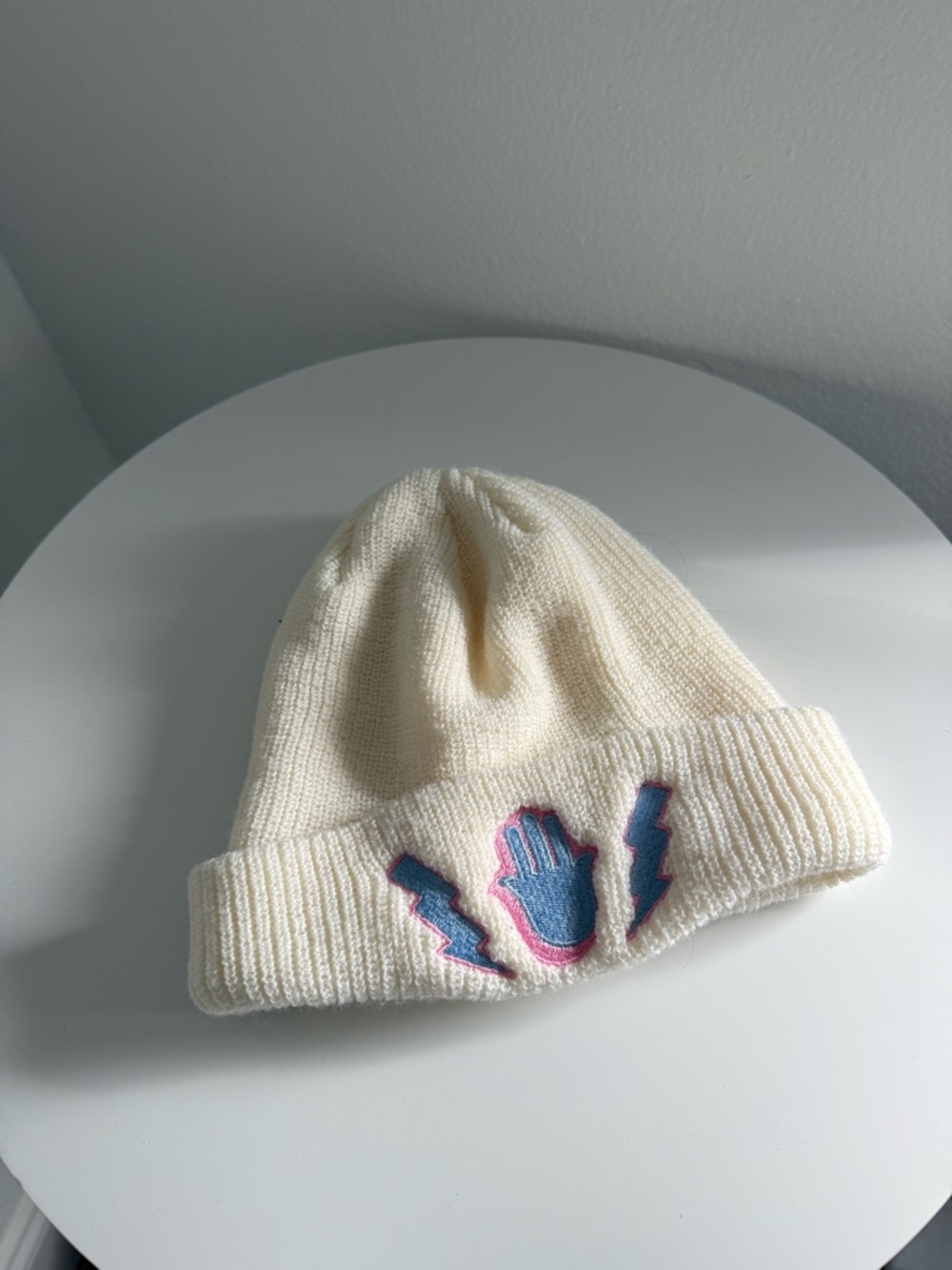 Cream Unisex Knit Beanie with Blue Hamsa Patch